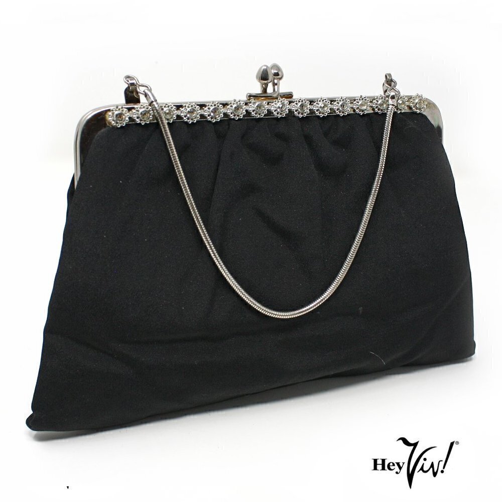 Vintage 50s Black Faille Purse Cocktail Evening Bag Rhinestone Trim 9x6 -Hey Viv